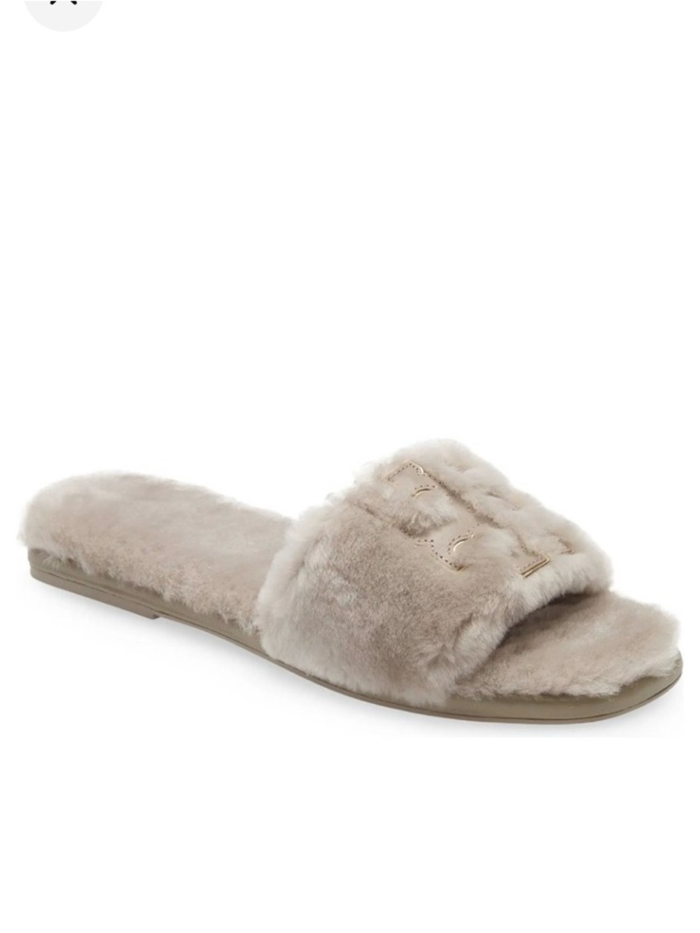 Tory Burch Shearling Slide grey/calf leather gold trim logo sz 7.5 box, dust bag